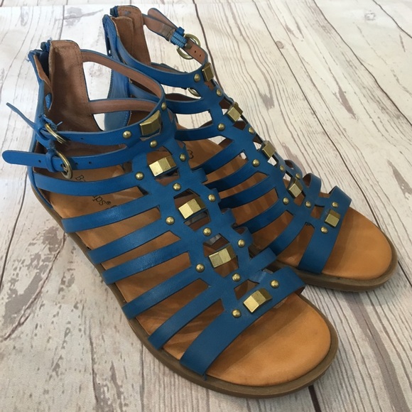BareTraps Shoes - Baretraps Zazie Blue Leather Studded Wedge Strappy Comfort Sandals 6